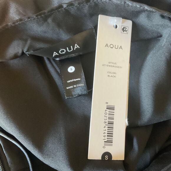 Black Satin One Shoulder Cocktail Dress Size 6 High Low Thigh Slit Shift by AQUA - Picture 8 of 11